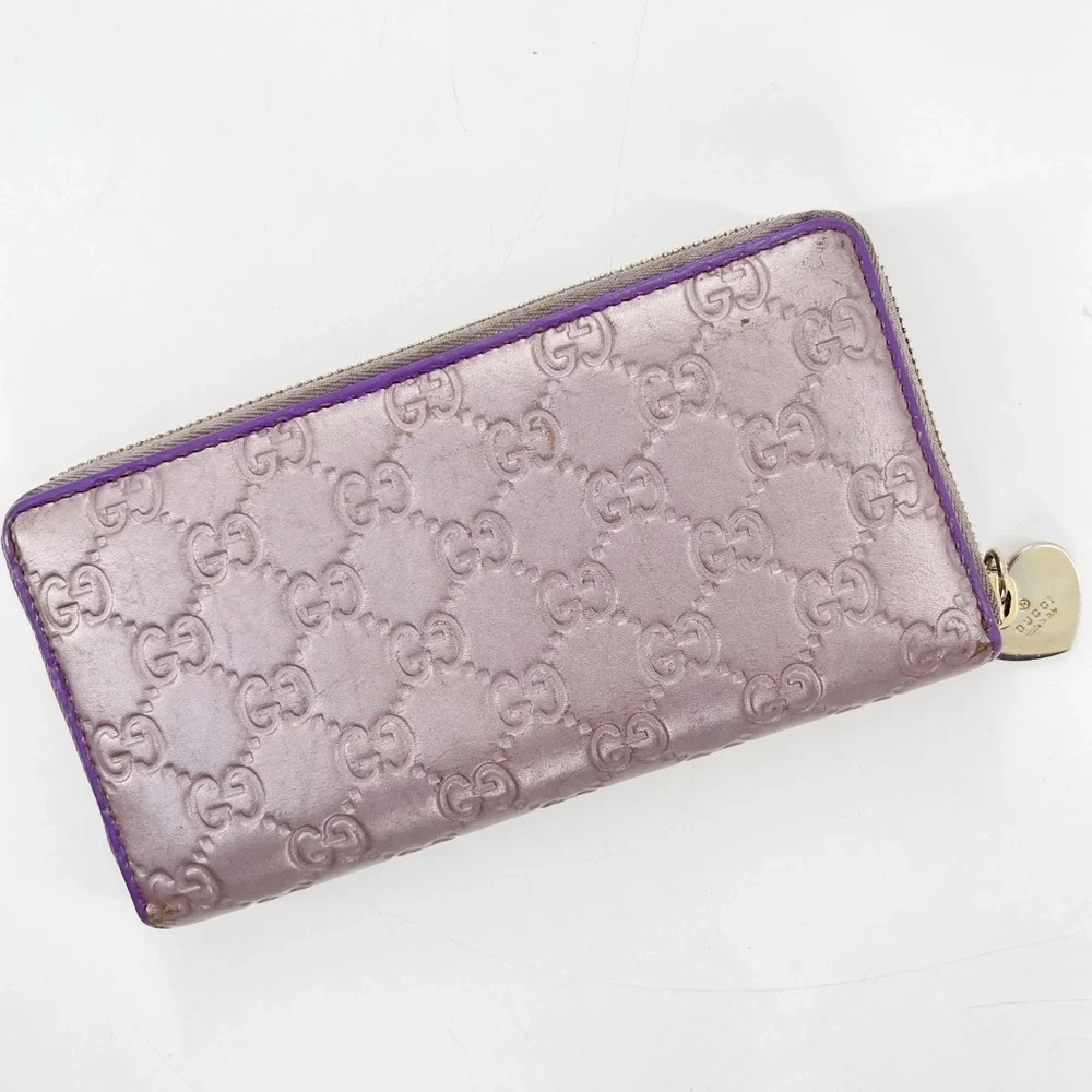 GUCCI GG Guccissima Heart Zip Around Long Wallet Metallic Lavender Authentic